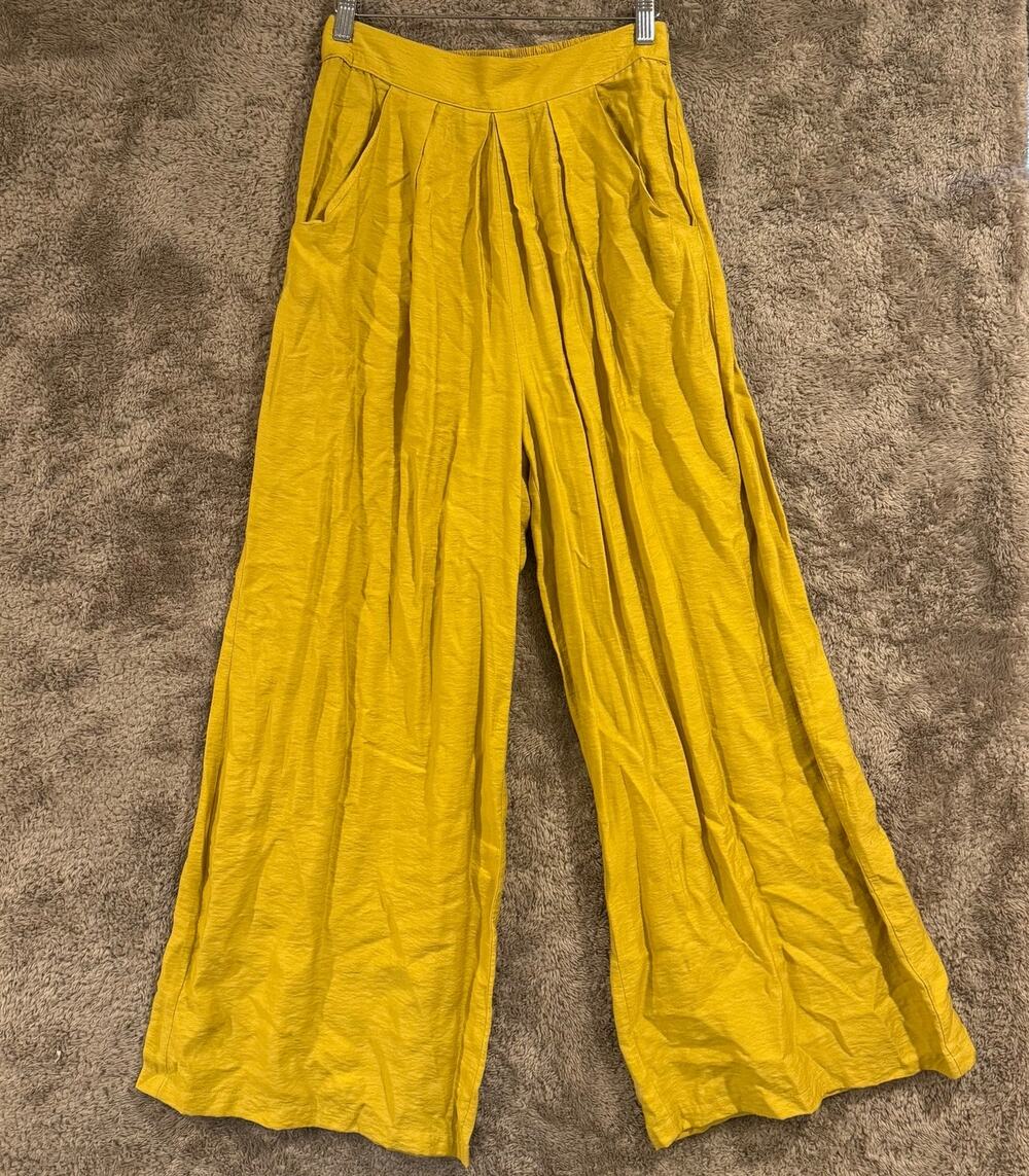 GLAM Mustard Yellow High Rise Wide Leg Pull On Pleated Palazzo Rayon Pants S